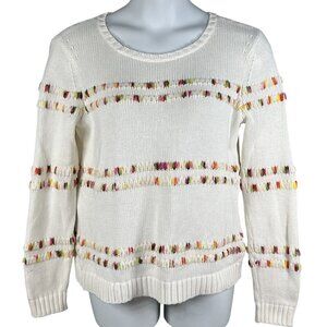 Talbots Womens L White Knit Sweater Rainbow Accents Space Dye Long Sleeve Top